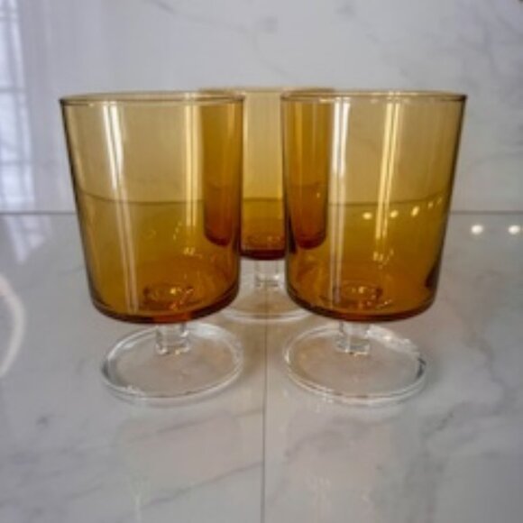 Vintage Yellow / Orange Glass Goblets‎ – Set of 3 | Mid-Century Pedestal Glasses - Picture 2 of 4